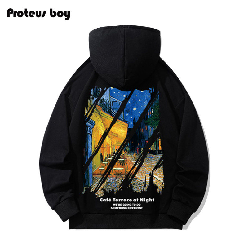 Proteus Boy傍晚咖啡廳割裂油畫印花寬松連帽休閑衛衣 男女同款在類目 男裝, 衛衣中 - 來自Buy2taobao.com提供專業的淘寶代購服務
