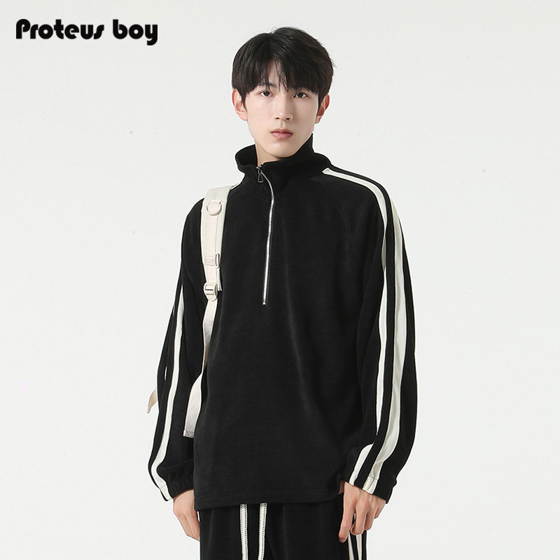 Proteus Boy拼色条纹拼接灯芯绒半开拉链立领套头卫衣外套 T2331