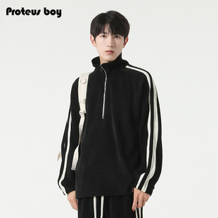 Proteus Boy拼色条纹拼接灯芯绒半开拉链立领套头卫衣外套 T2331