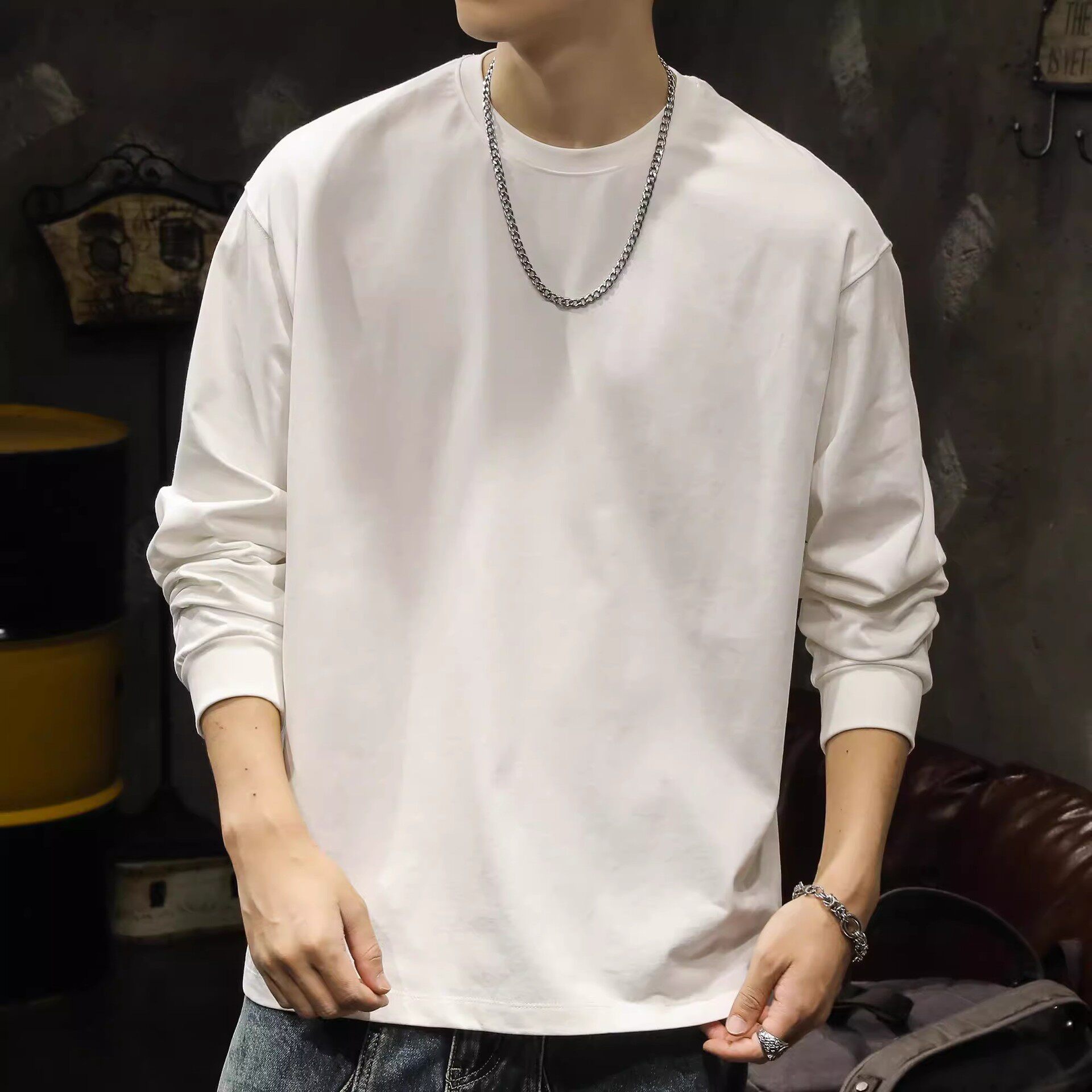 2026新款白色长袖T恤男打底衫春秋季内搭上衣服男装圆领卫衣黑色