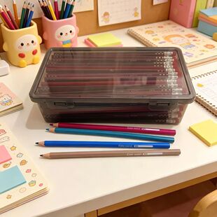 透明铅笔收纳盒学生桌面大容量带盖防尘文具整理盒塑料储物盒