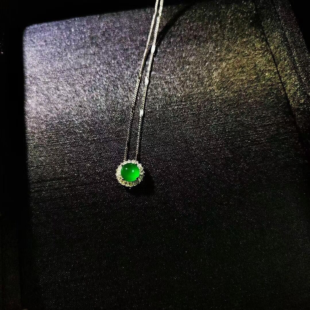 monocle 925镀银镶嵌高冰绿玉髓圆形吊坠 玛瑙玉石锁骨链挂件饰品