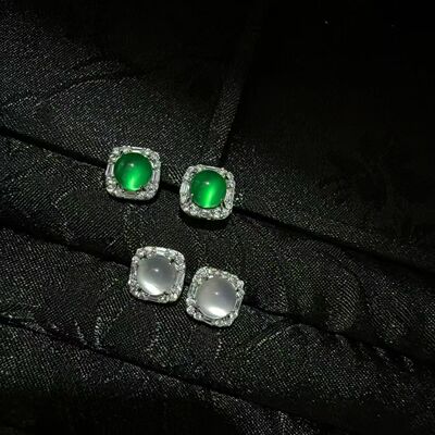 monocle落雨出桃气质新中式冰种绿玉髓白玛瑙锆石镶嵌小方糖耳钉