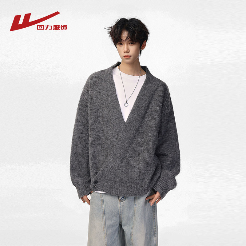 回力日系复古V领毛衣男士秋冬季2025新款宽松慵懒风男生针织毛衫