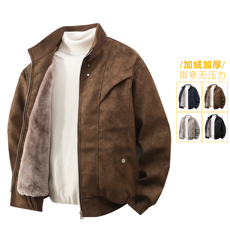 回力加绒PU皮棉衣外套男士冬季