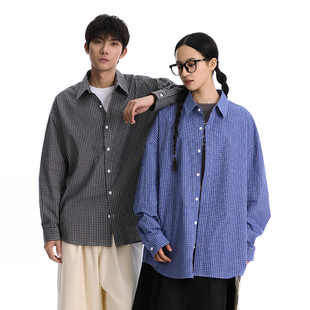 回力美式复古慵懒宽松蓝格子衬衫男女春秋季新款潮牌休闲长袖衬衣