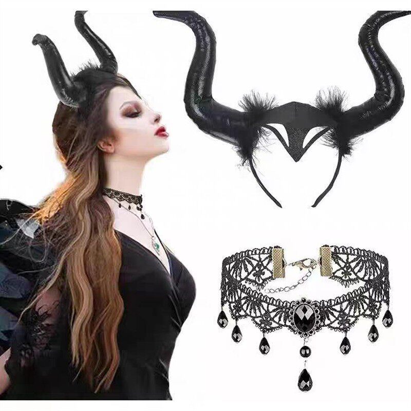 万圣节玛琳菲森cos小恶魔角头饰黑魔女巫装扮牛角发箍女成人装饰