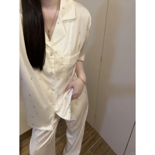家居服 简约小花轻奢高级感冰丝短袖 睡衣女夏天新款 凉感长裤 套装
