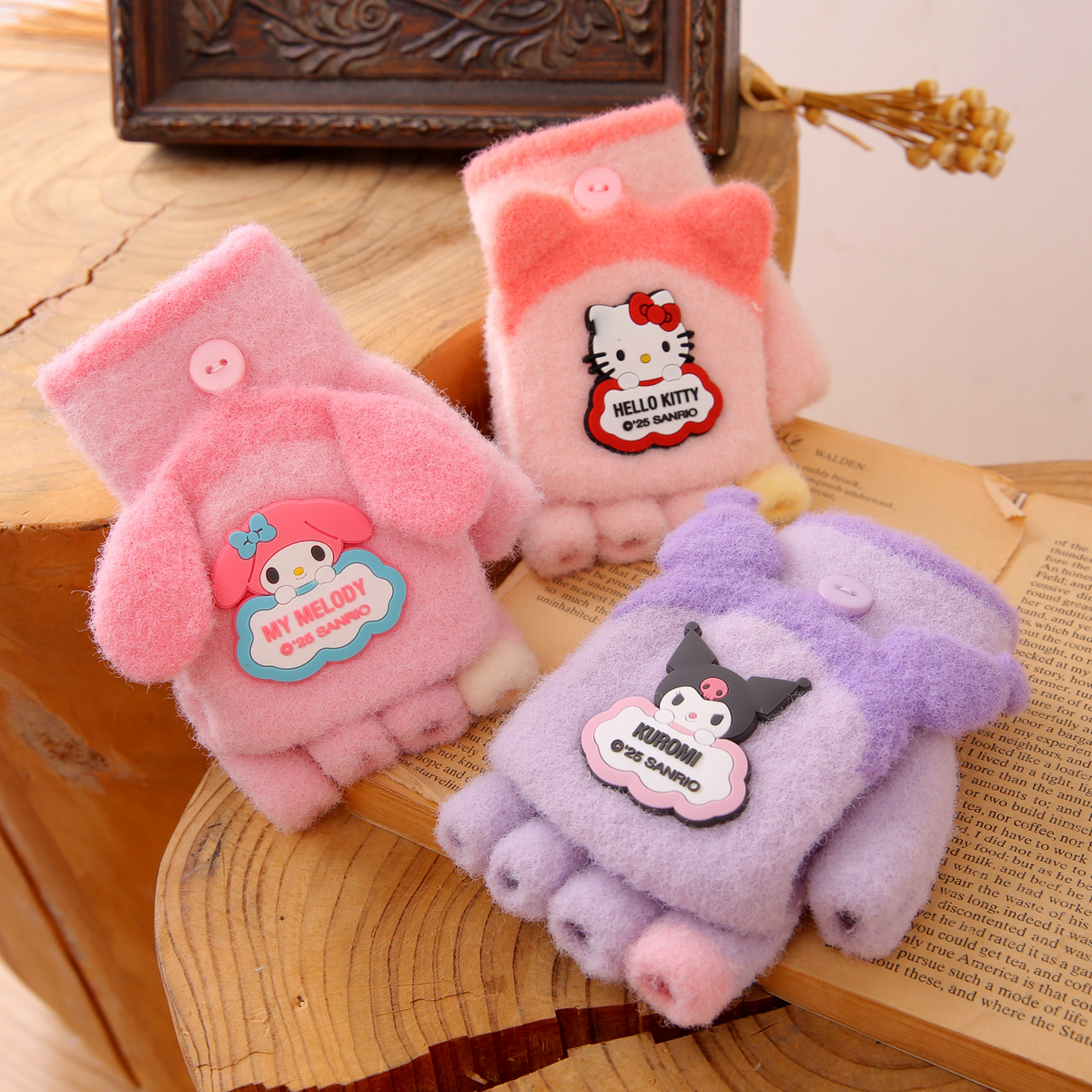 儿童半指手套女孩秋冬保暖防寒翻盖6-15岁男童女童学生写字半分指