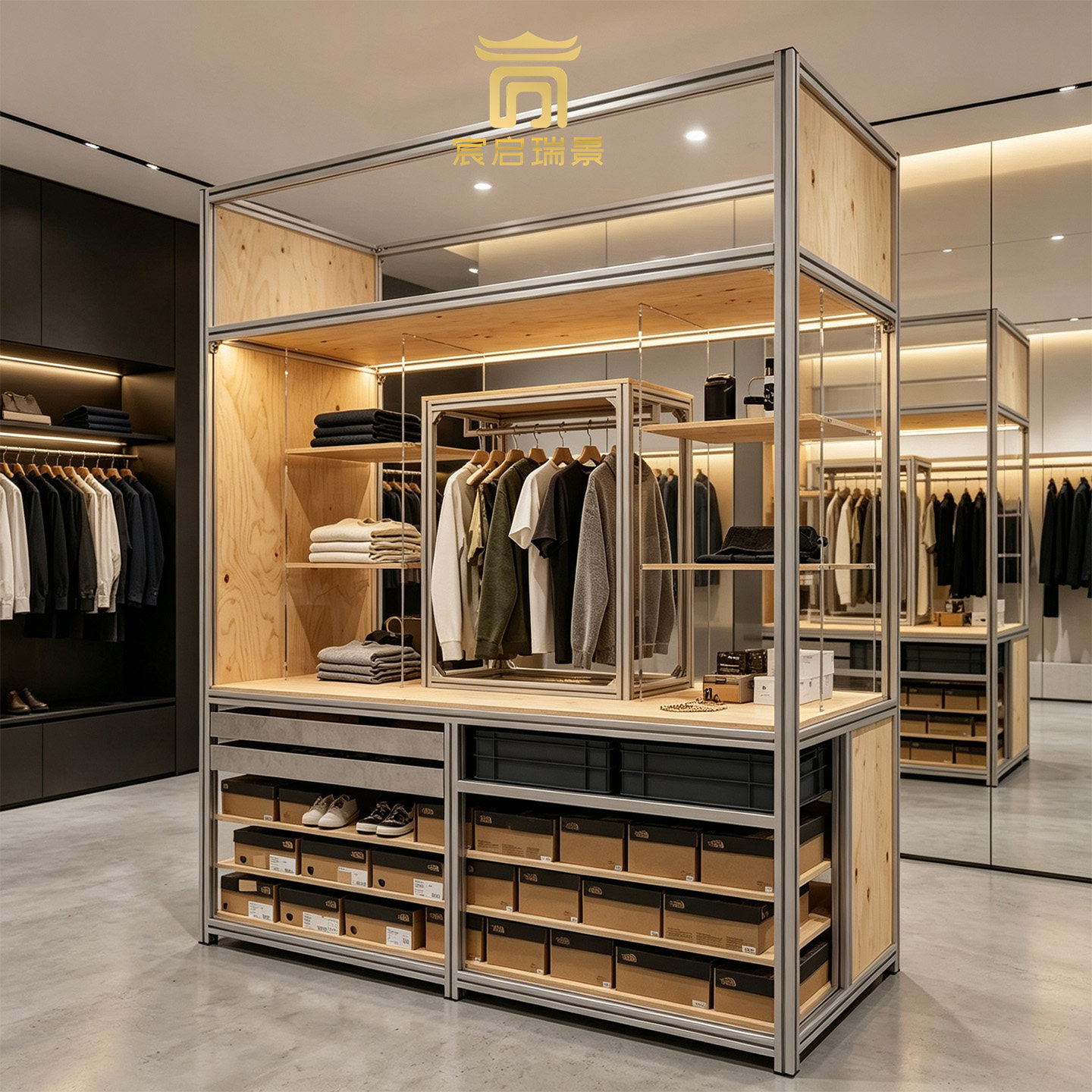 现代简约多功能木质展示柜多层收纳储物架服装店展示架陈列架