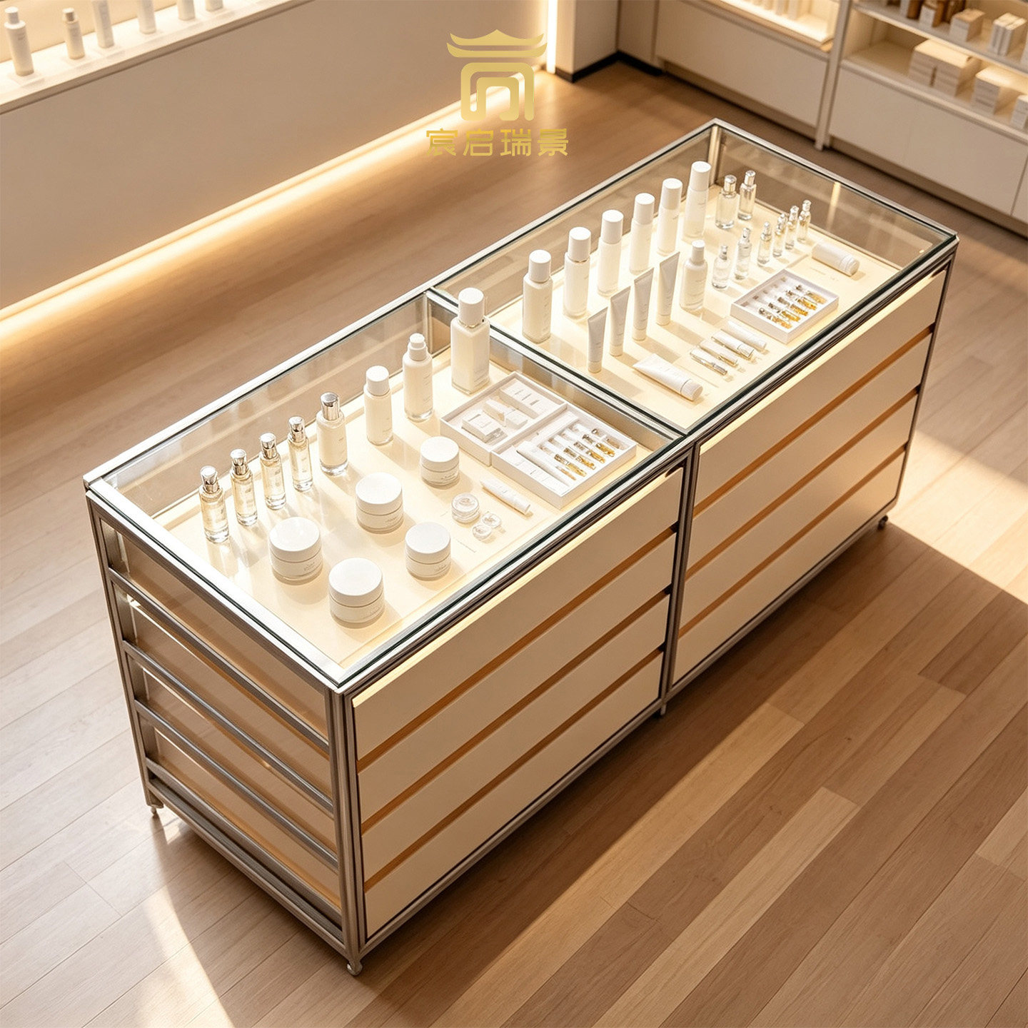 美妆护肤品样品中岛展示柜海洋板铝型材玻璃陈列柜门店落地展示柜