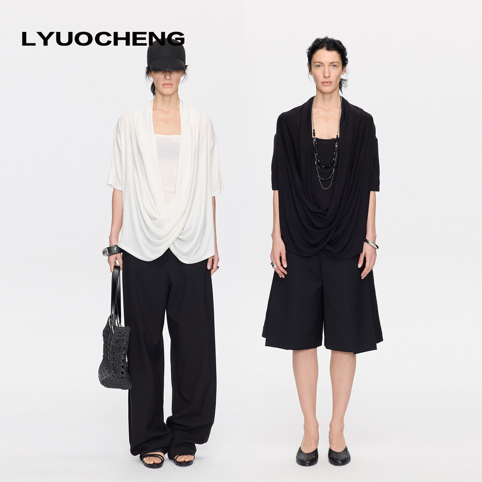 LYUOCHENG【易梦玲同款】春夏莱赛尔休闲不规则垂荡领两件套上衣