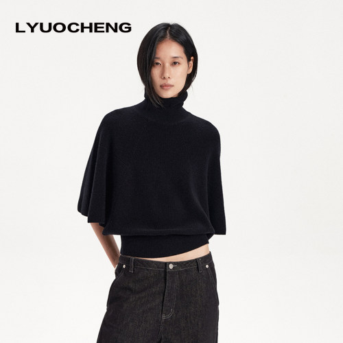 LYUOCHENG 100绵羊毛高领A摆斗篷针织上衣简约百搭秋冬毛衣