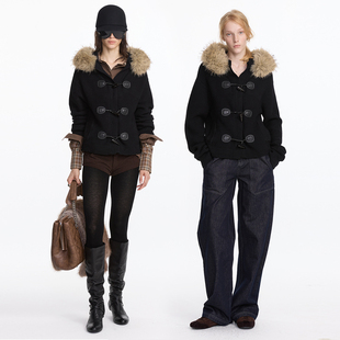 LYUOCHENG 【官方正品】连帽大毛领牛角扣针织毛衣外套