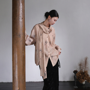 秋冬新品 943paradise新中式 飘带复古宽松简约高级感围巾印花衬衫