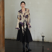 新品 新中式 荷叶边叠层飘带长袖 943Paradise秋季 印花上衣衬衫