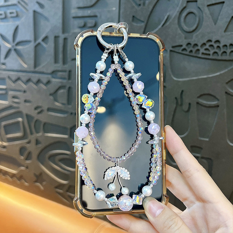 创意新款水晶樱桃串珠手机链钥匙扣女时尚潮流包包挂件手机壳配饰