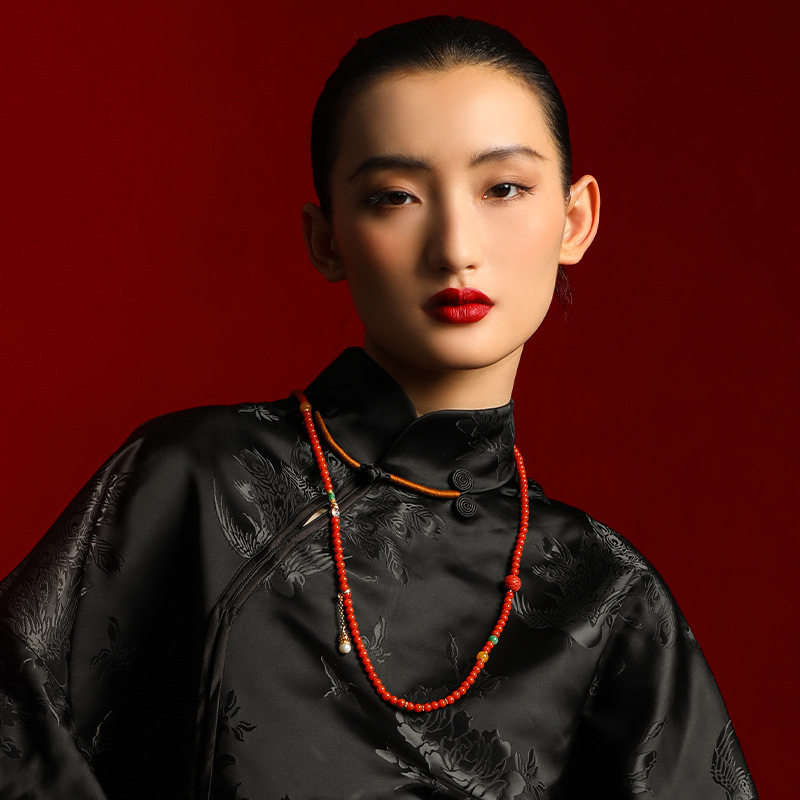 现货天然满肉南红项链女S925银镀18K金蜜蜡翡翠5mm圆珠毛衣链工厂