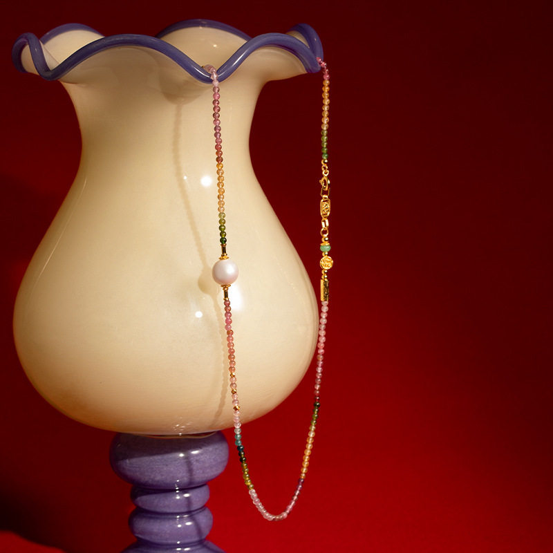 现货天然糖果色碧玺项链女款S925银镀18K金珍珠圆珠3mm毛衣链工厂