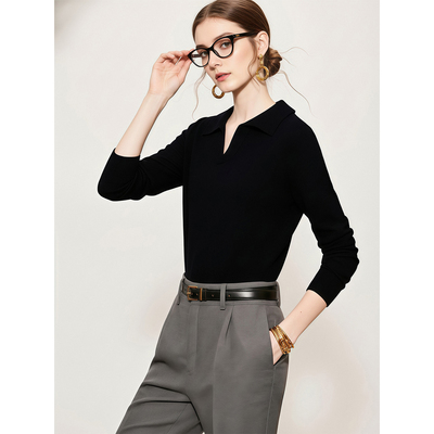 黑色v领含羊毛针织衫女秋冬穿搭