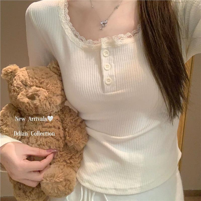 miu系u领奶白色蕾丝拼接打底衫女早春纯欲bm风内搭t恤修身短上衣