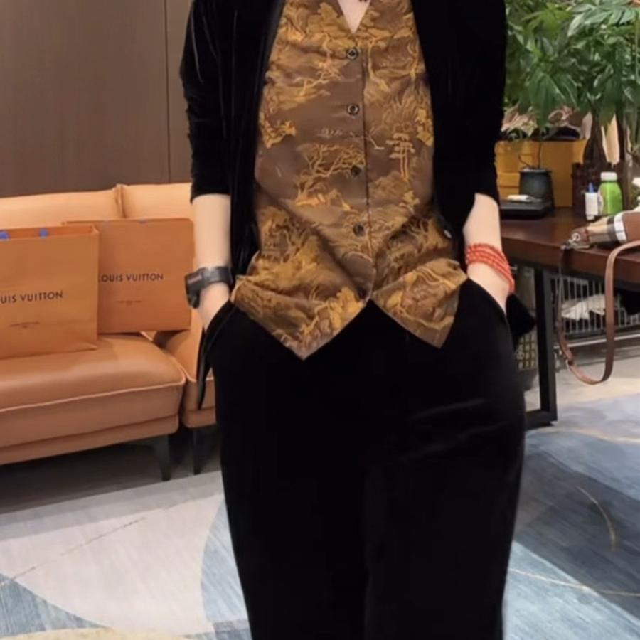 新中式复古印花拼接丝绒衬衫春秋新款时尚洋气假两件长袖上衣开衫