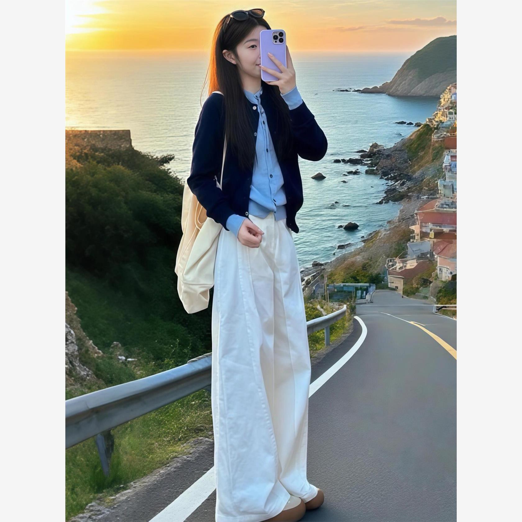 藏青色假两件设计感长袖针织开衫外套女2025新款秋季流行穿搭上衣