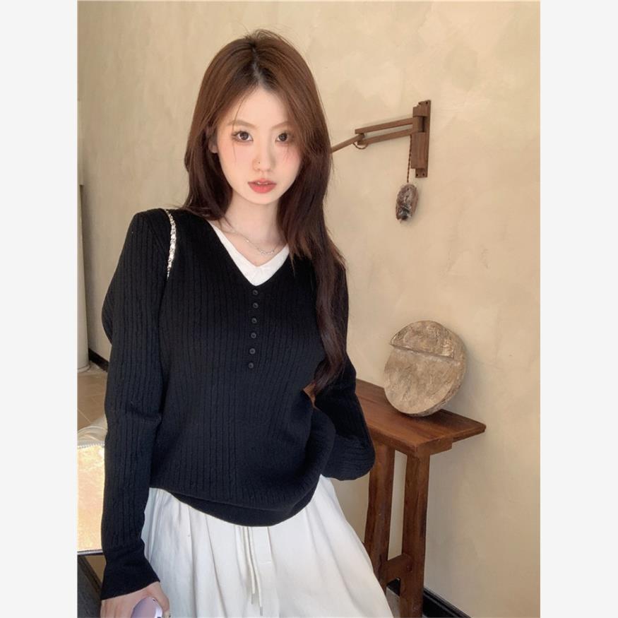 小香风针织衫秋冬季2024新款假两件内搭打底毛衣外穿女士黑色上衣