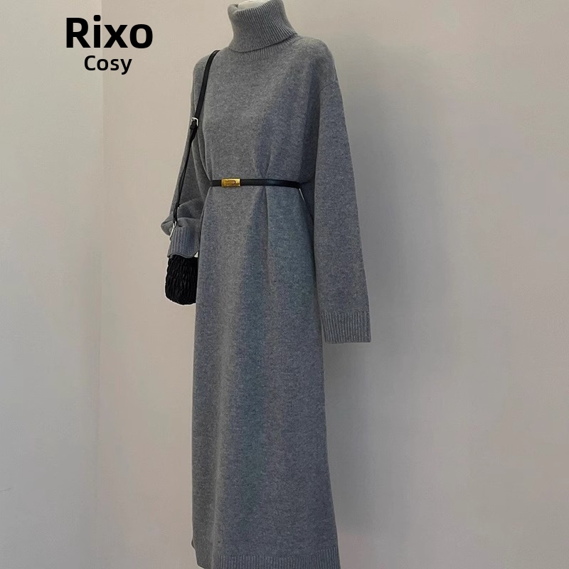 RIXO COSY高领灰色针织连衣裙女时尚慵懒内搭气质毛衣打底裙