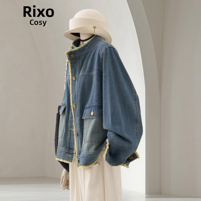 RIXO COSY韩系毛边设计感牛仔短外套女秋季酷飒复古宽松立领上衣