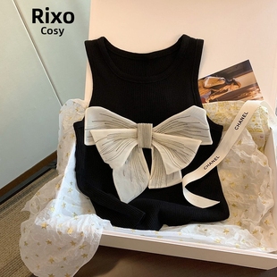 RIXO 设计感蝴蝶结针织背心T恤女甜辣妹黑色显瘦气质上衣 COSY时尚