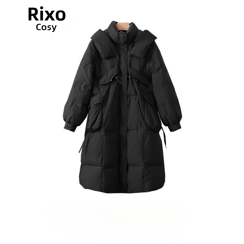 RIXO COSY时尚过膝加厚长款羽绒服女冬季90白鸭绒大口袋外套