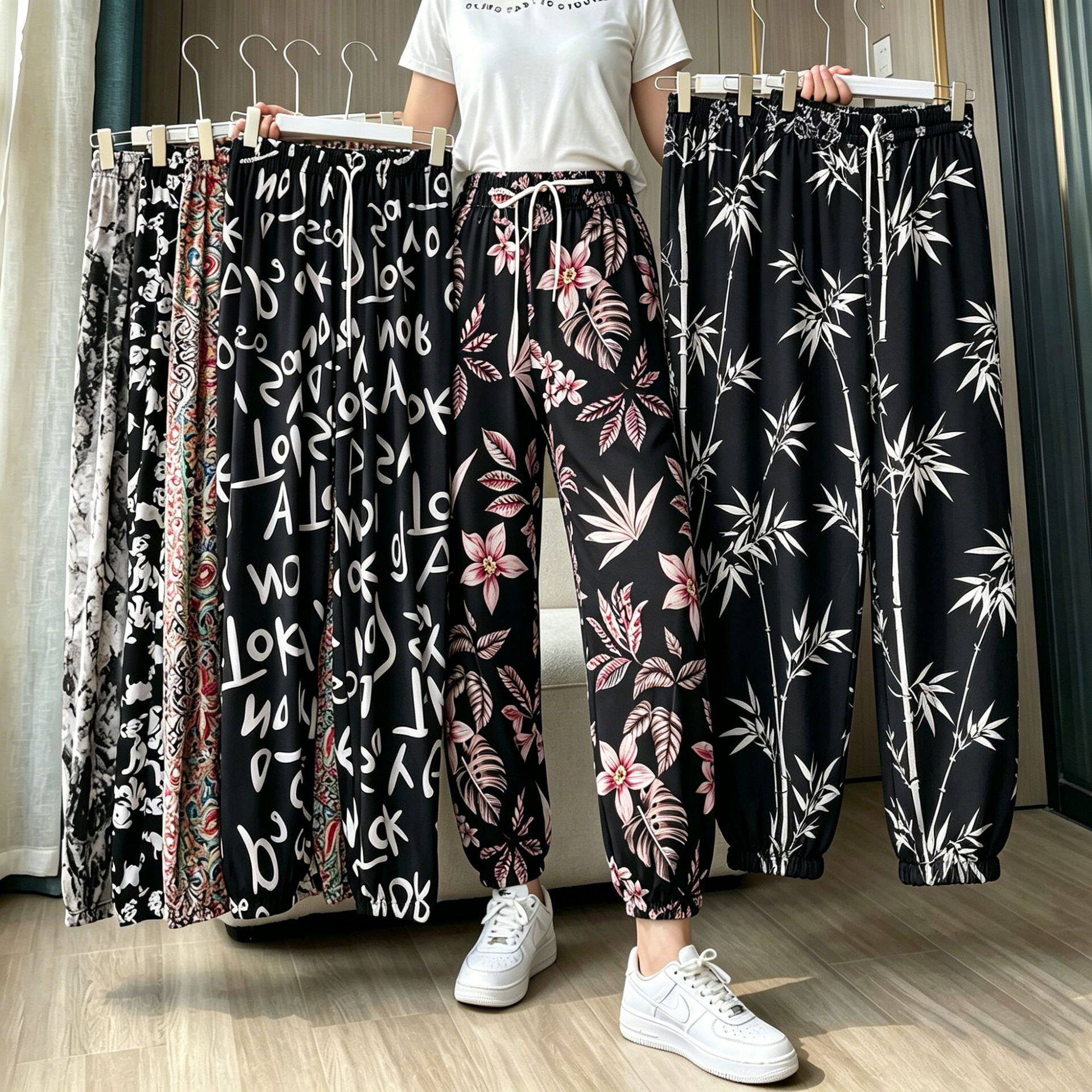 26冰丝薄款大码灯笼裤夏季印花女士凉凉裤休闲防蚊裤子束脚裤长裤