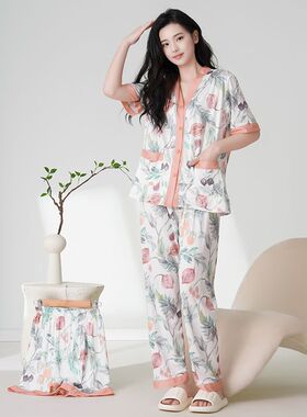 夏季休闲弹力亲肤透气睡衣女新款石榴花牛奶丝家居服三件套82171