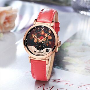 梵高瑞士表手表女日内瓦小秒针牛皮表带时尚休闲防水石英轻奢腕表