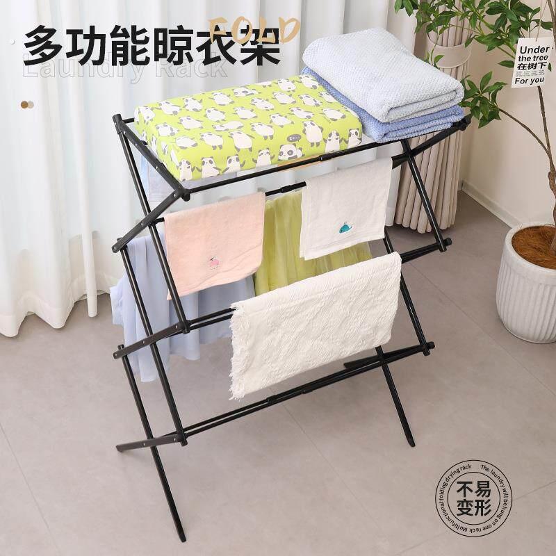 家用免安装三层晾衣架简易三折晾衣杆可折叠可伸缩室内落地毛巾架