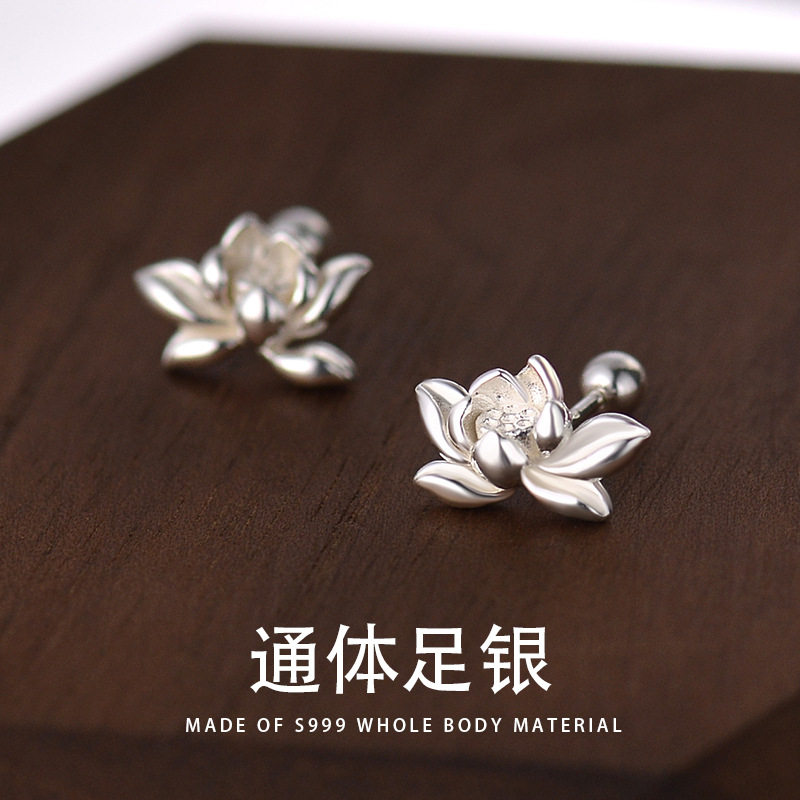 足银999新中式莲花荷花耳钉图片