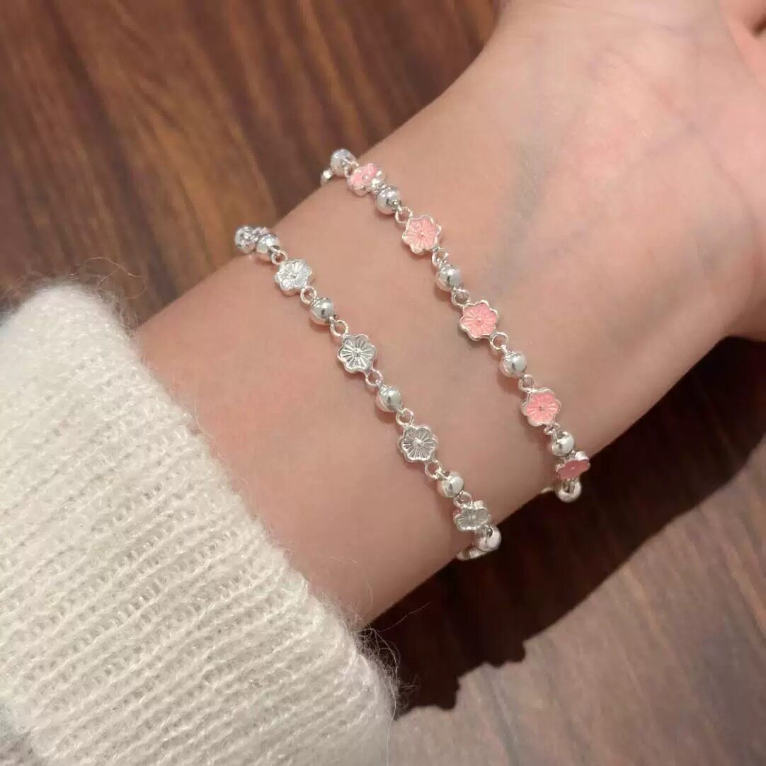 足银s990珐琅彩梅花手链女纯银樱花蝴蝶叠戴精致手串2025春天手环