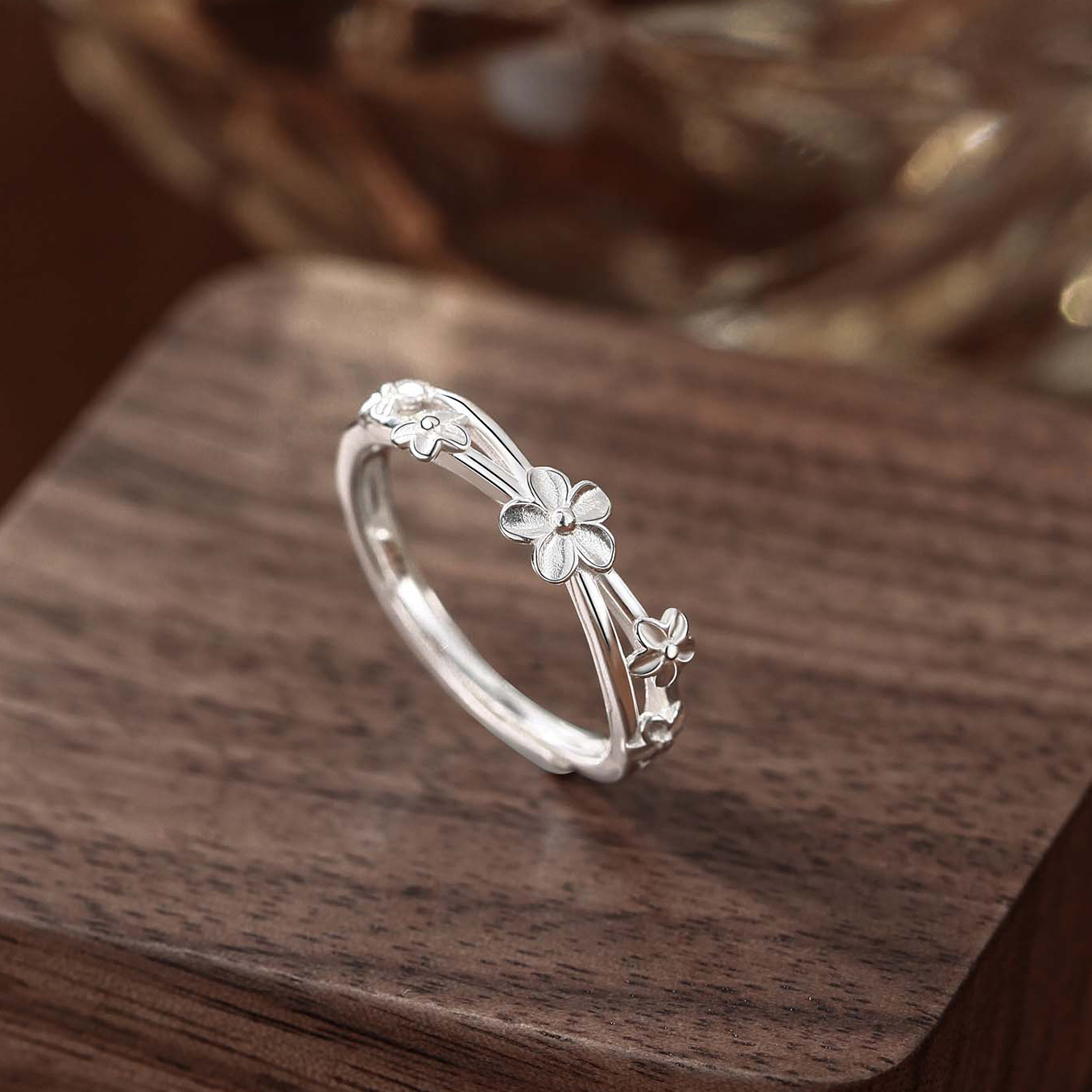 晚舟足银999花朵戒指女