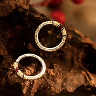 足银9999吉言唐草纹情侣对戒指男女纯银描金实心指环珐琅国风戒子