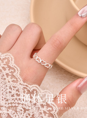 足银S999镂空爱心戒指女