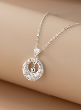 足银s999花丝平安扣镂空项链吊坠子女正品纯银灵动吊珠锁骨链礼物