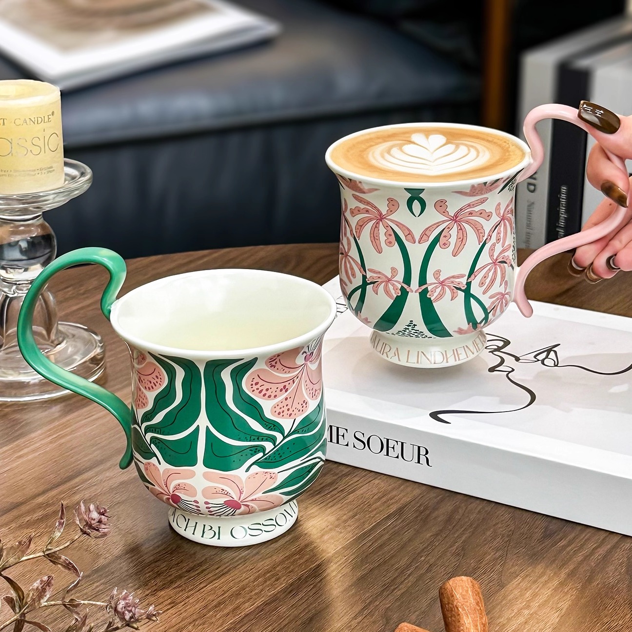 漂亮陶瓷杯喝水大容量高脚对杯