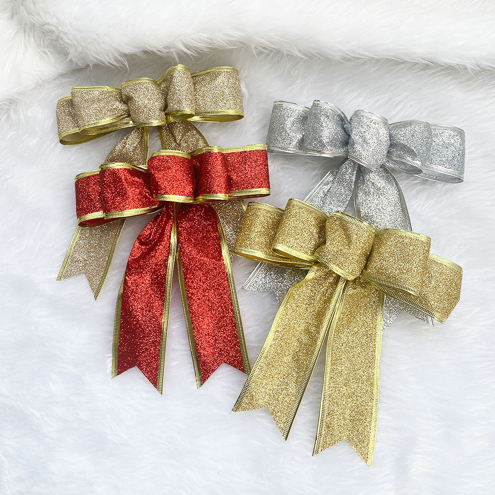 金色红色葱粉闪粉手工蝴蝶结成品 圣诞节装饰品圣诞树挂件15cm宽
