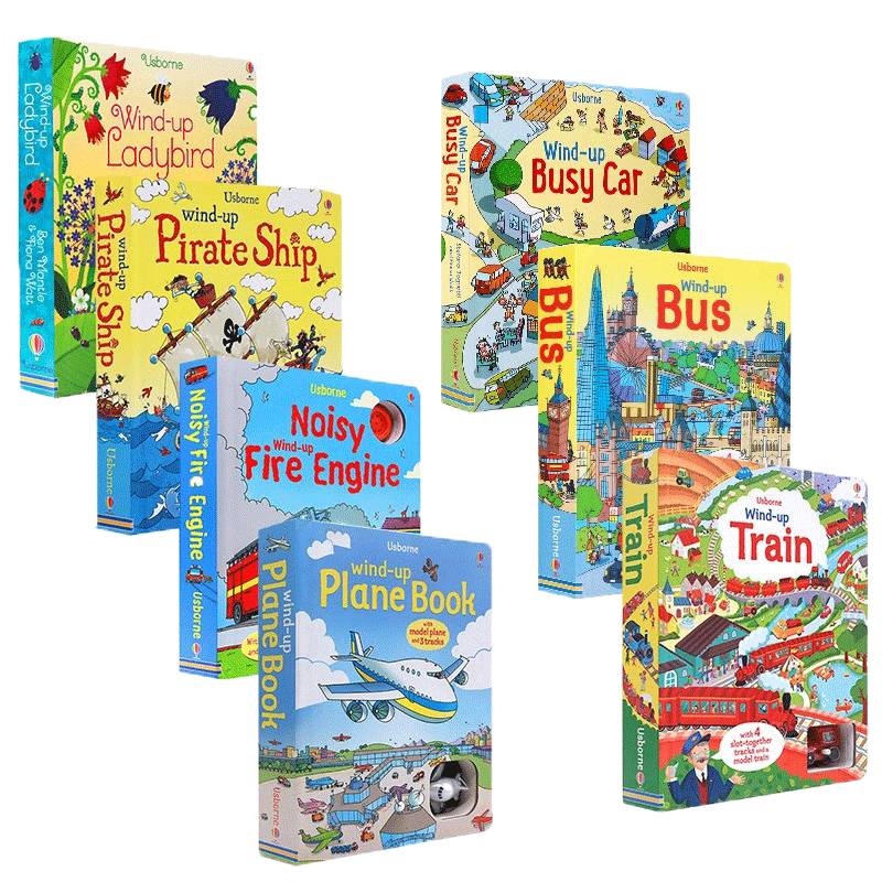 Usborne Windup发条轨道书7册赛车 Racing cars飞机Plane汽车Car火车Train巴士Bus英文原版亲子互动益智交通工具玩具书