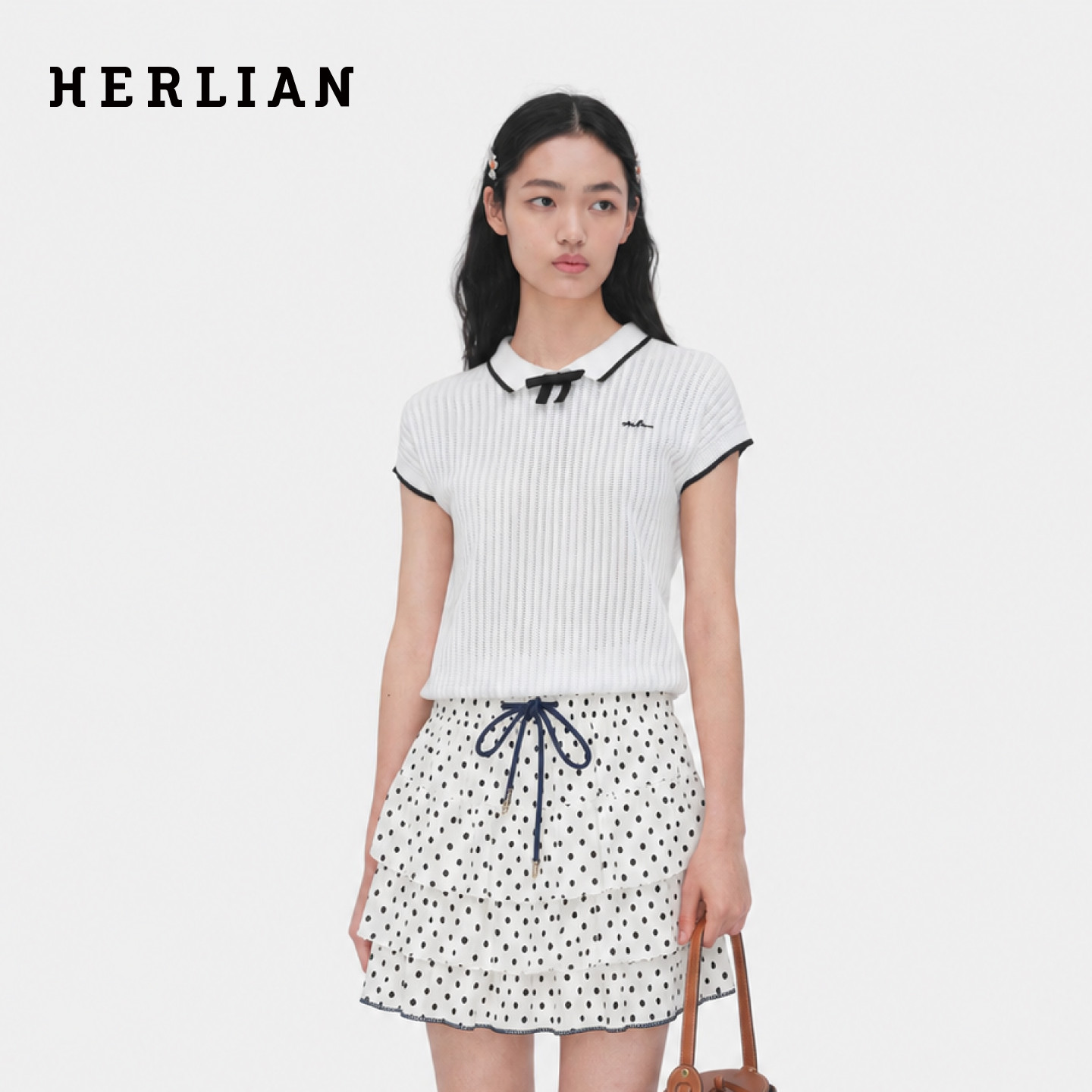 HERLIAN 夏季新品镂空蝴蝶结针织衫polo衫女士薄款短袖上衣