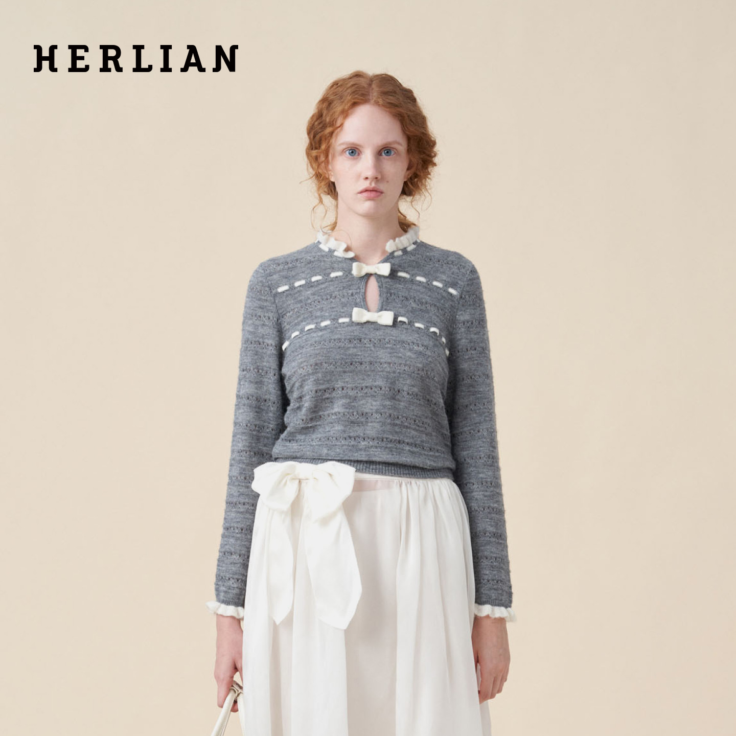 HERLIAN 秋季新品蝴蝶结装饰花边领俏皮少女风女士套头针织衫