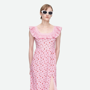 HERLIAN 夏季新款法式小众修身碎花荷叶边真丝连衣裙 女