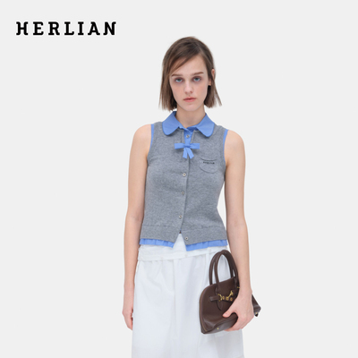 HERLIAN 2026年春季新品娃娃领蝴蝶结撞色拼接无袖针织衫女士开衫