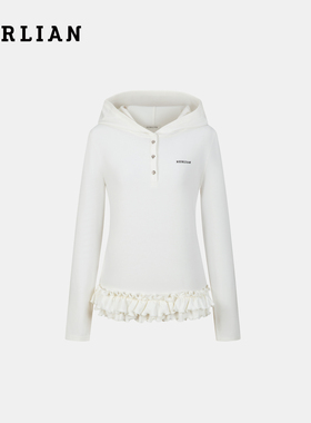 Herlian2025冬季新品 下摆荷叶边连帽Polo打底衫女士